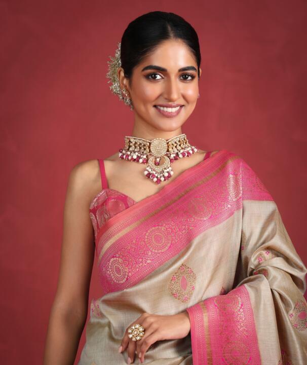 White  Work With Jadtar Stone Pink Beads Necklace Set