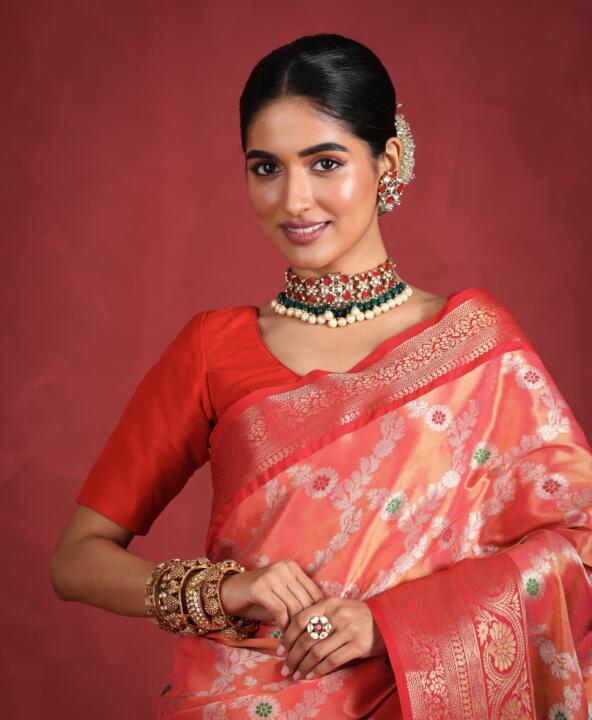 Choker Necklace Set In Red, With Studs And Emerald Drops