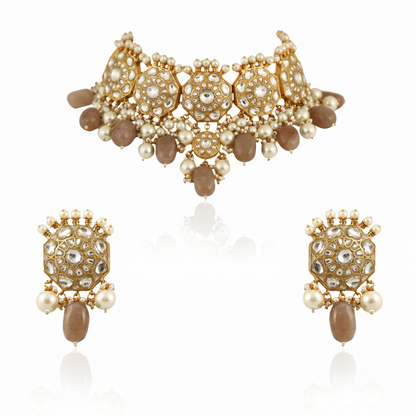 Traditional 22Kt Choker Neckace Set Studded With White Jadtar Stones And Sea Green Beads With Pearls