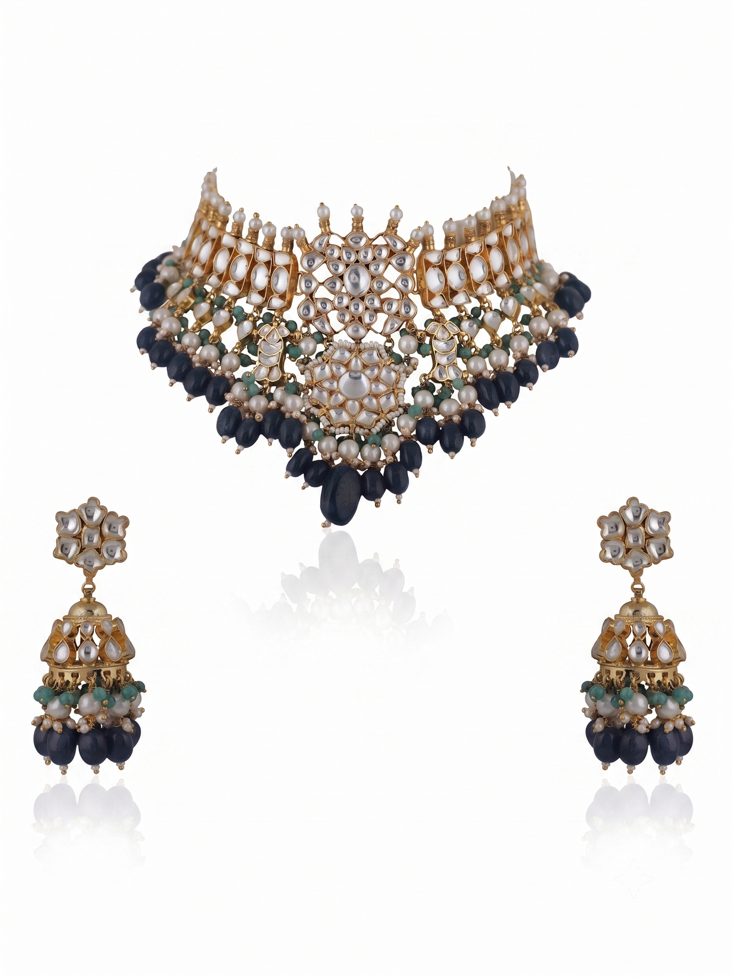 Choker Necklace Set With Jhumkis In Fresh  Emerald Beads