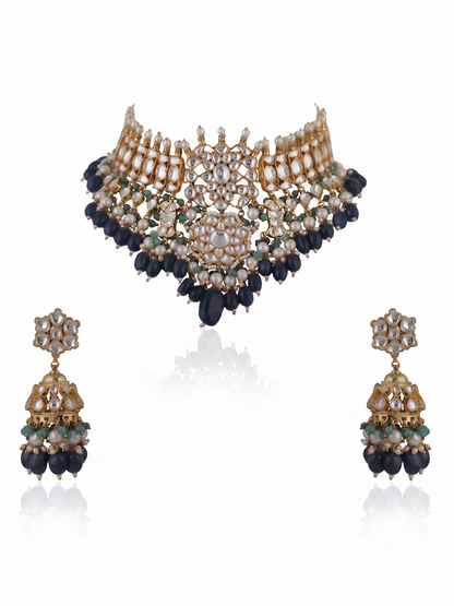 Choker Necklace Set With Jhumkis In Fresh  Emerald Beads