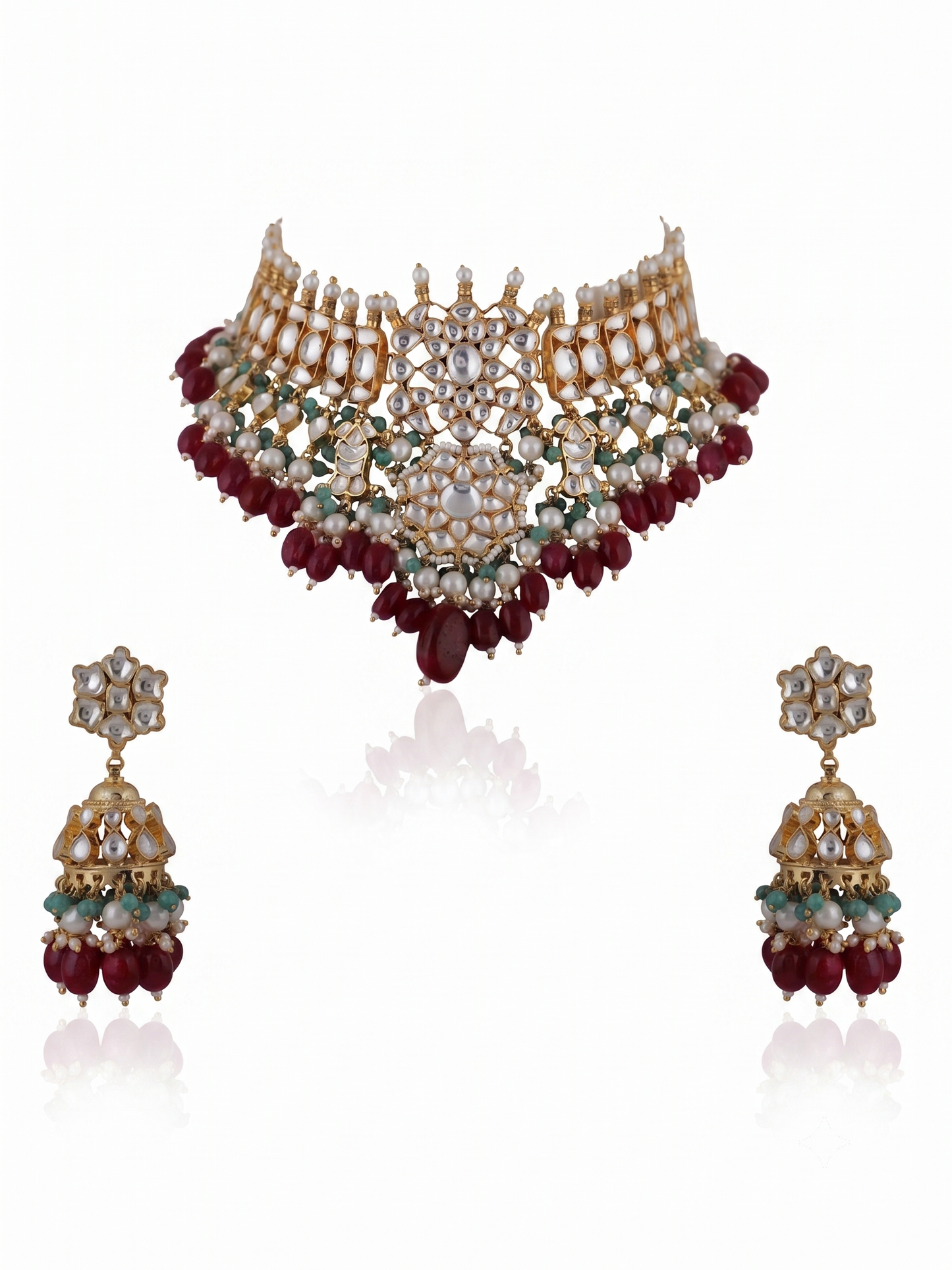 Choker Necklace Set With Jhumkis In Fresh  Emerald Beads