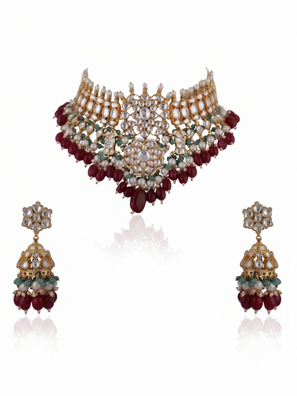 Choker Necklace Set With Jhumkis In Fresh  Emerald Beads