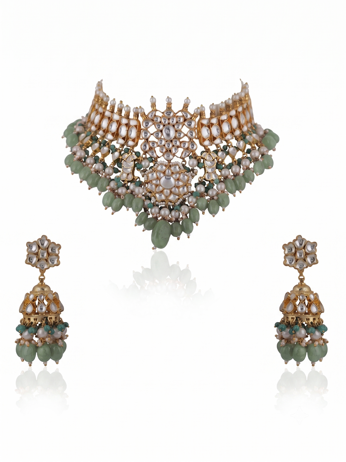 Choker Necklace Set With Jhumkis In Fresh  Emerald Beads