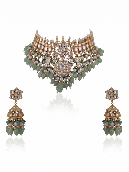 Choker Necklace Set With Jhumkis In Fresh  Emerald Beads