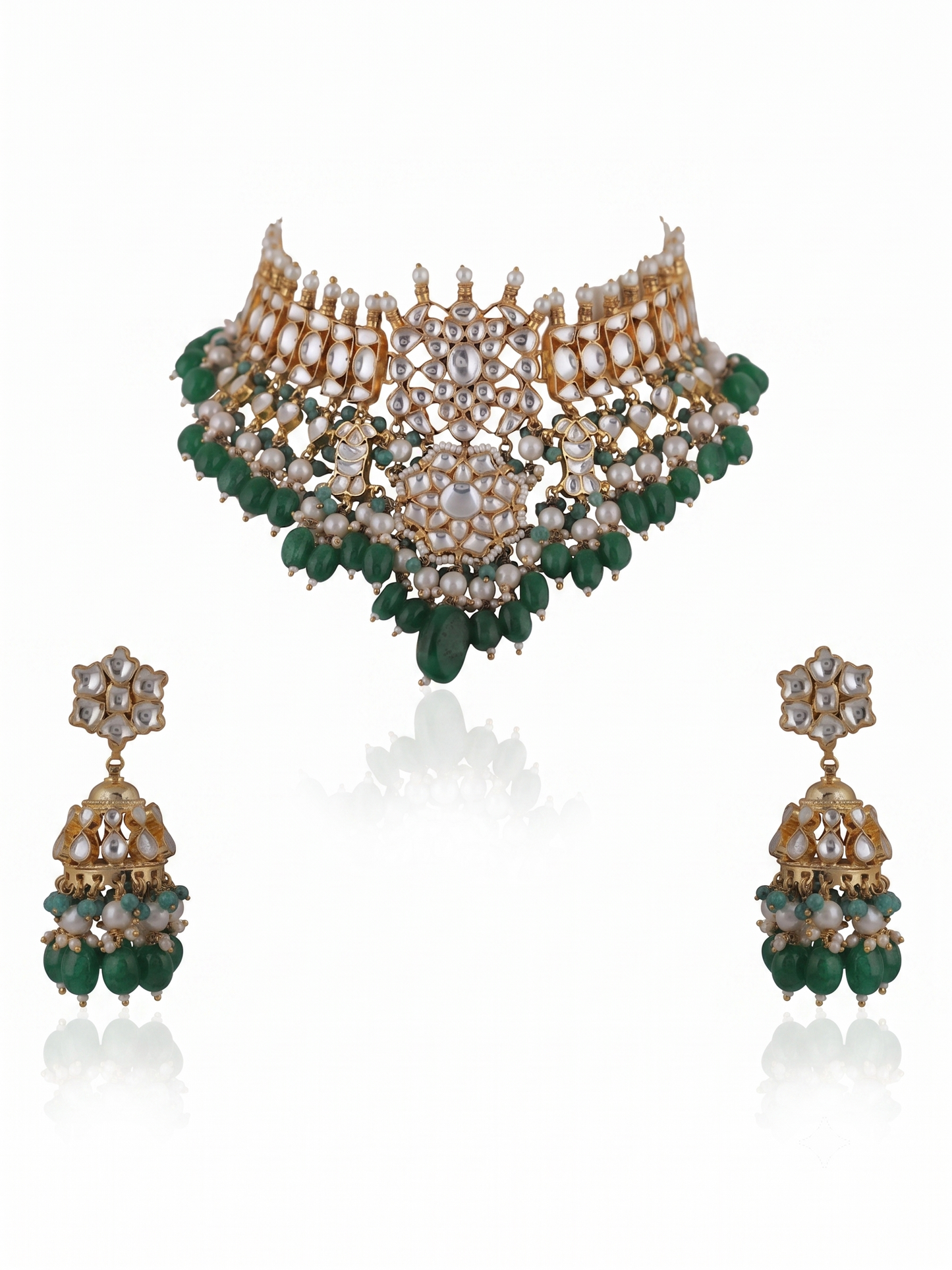 Choker Necklace Set With Jhumkis In Fresh  Emerald Beads