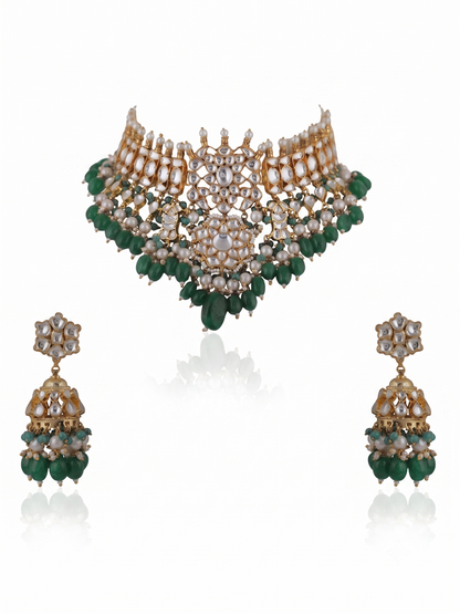 Choker Necklace Set With Jhumkis In Fresh  Emerald Beads