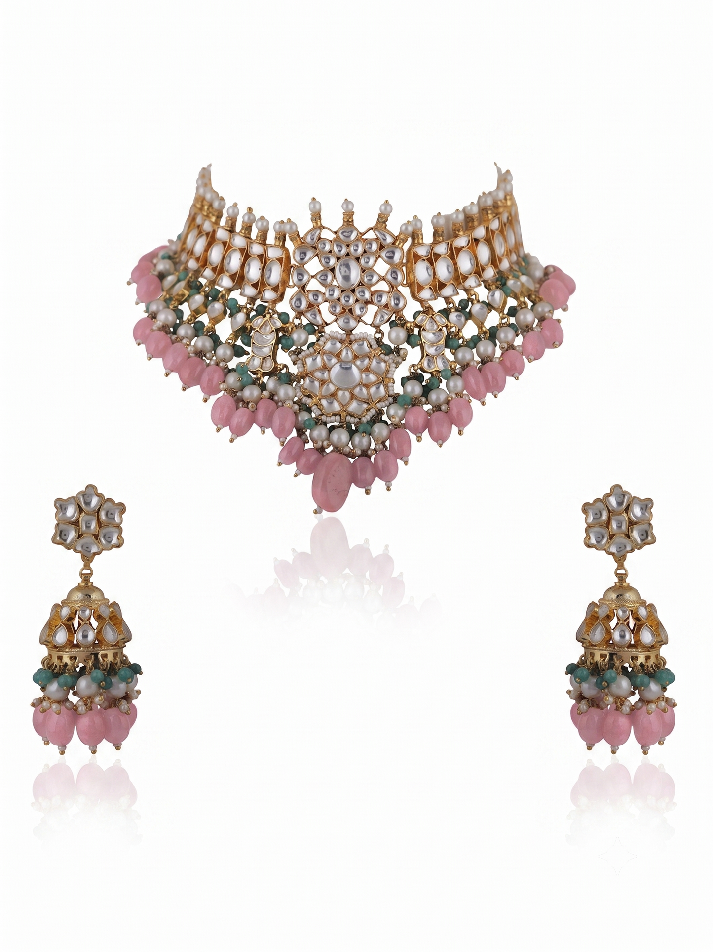 Choker Necklace Set With Jhumkis In Fresh  Emerald Beads