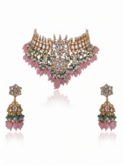 Choker Necklace Set With Jhumkis In Fresh  Emerald Beads