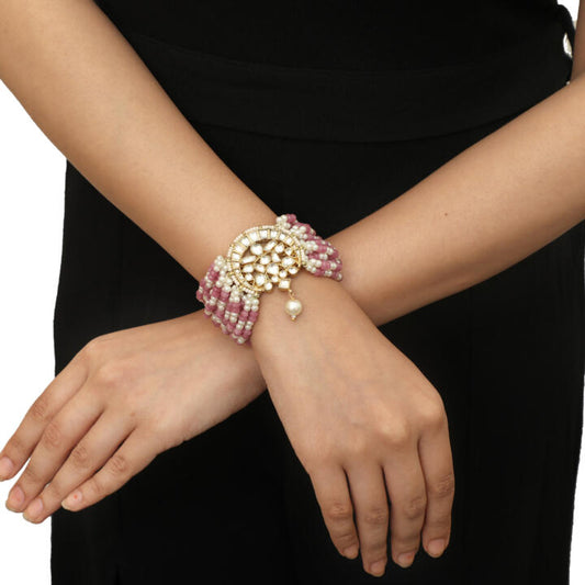 Chand Shaped Beaded Small White And Pink Pearl Line Bracelets