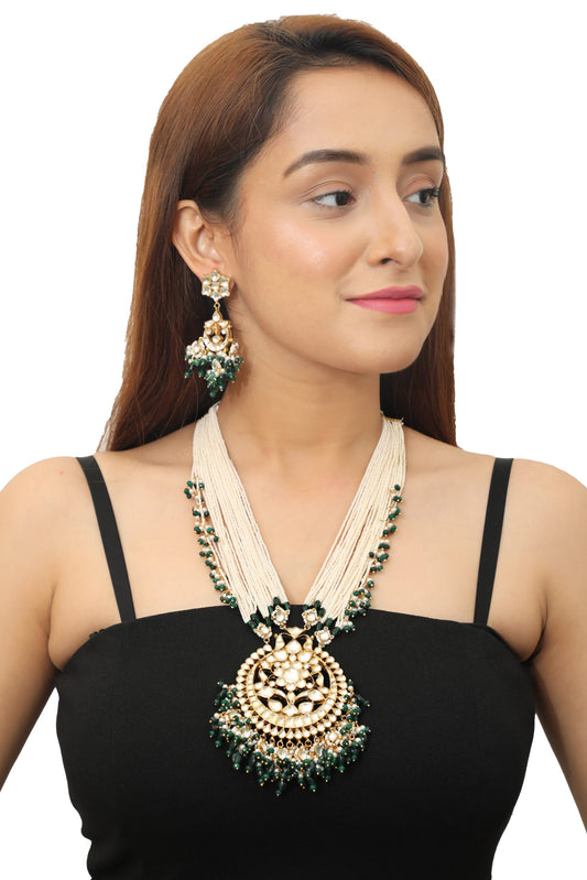 BIG PENDANT WITH YELLOW JADTAR STONES AND STRINGS OF TINY PEARL BUNCHES NECKLACE SET