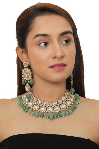 SEA GREEN BEADS AND BIG ROUND STONE  NECKLACE SET