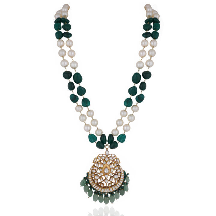 Wedding Wear Green And White Double Layered Maala With Sea Green Beads