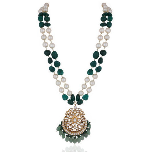 Wedding Wear Green And White Double Layered Maala With Sea Green Beads