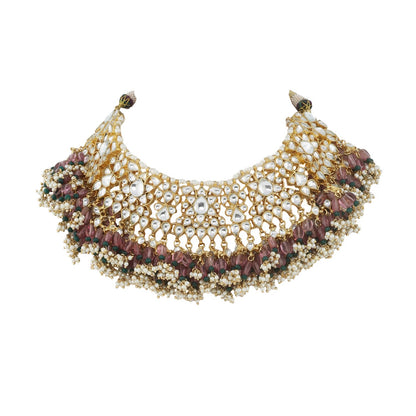 Gold Plated Pastel pink and green Semi-Precious Stones Choker Necklace Set