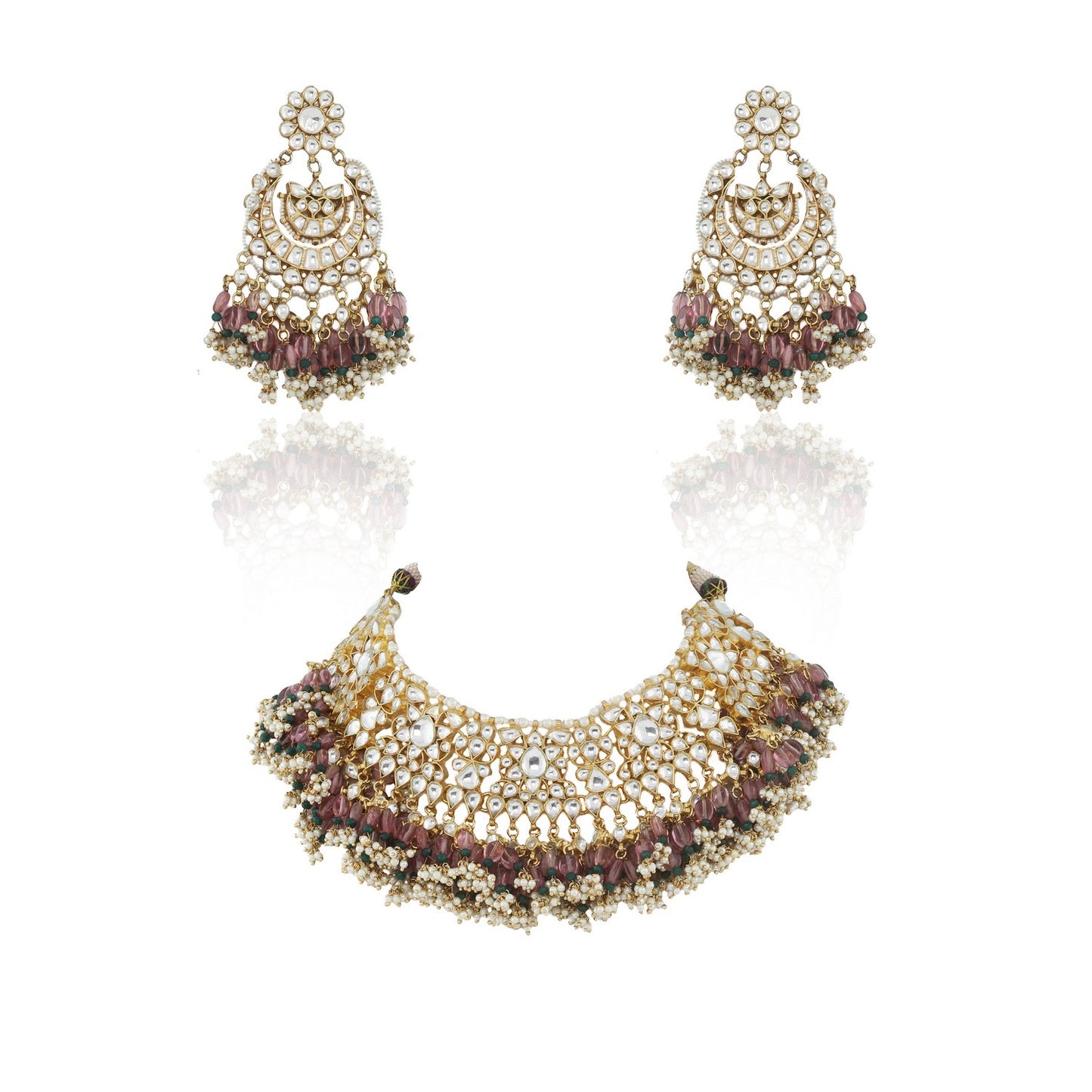 Gold Plated Pastel pink and green Semi-Precious Stones Choker Necklace Set
