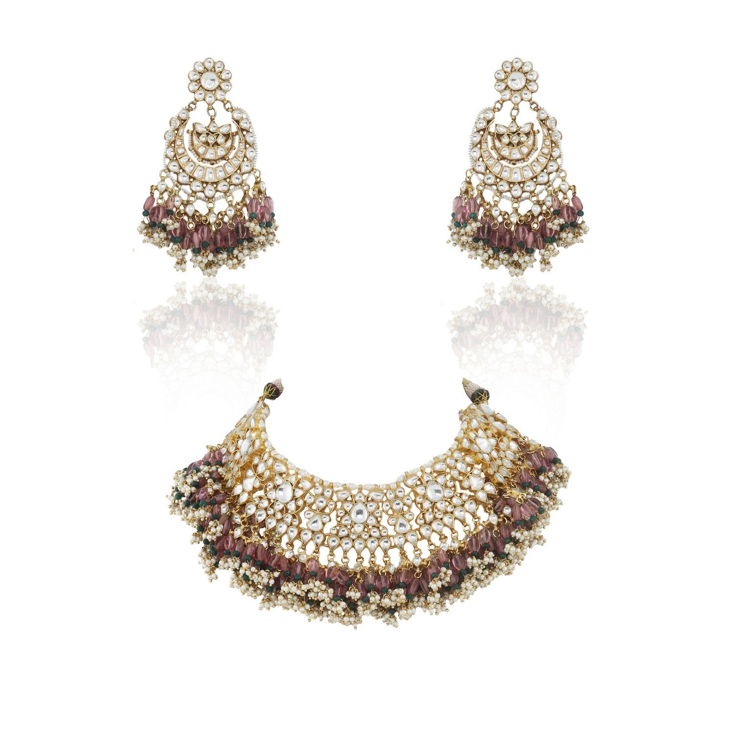 Gold Plated Pastel pink and green Semi-Precious Stones Choker Necklace Set
