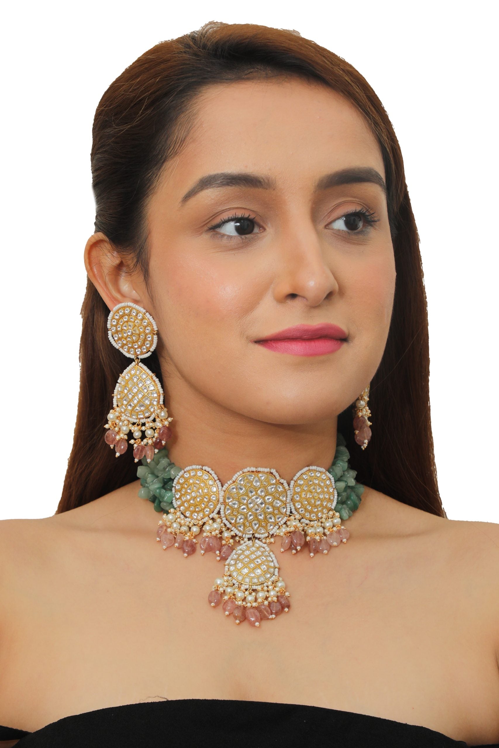 SEA GREEN AND LIGHT PINK BEADS FLOWER WORK WHITE JADTAR STONE NECKLACE SET 