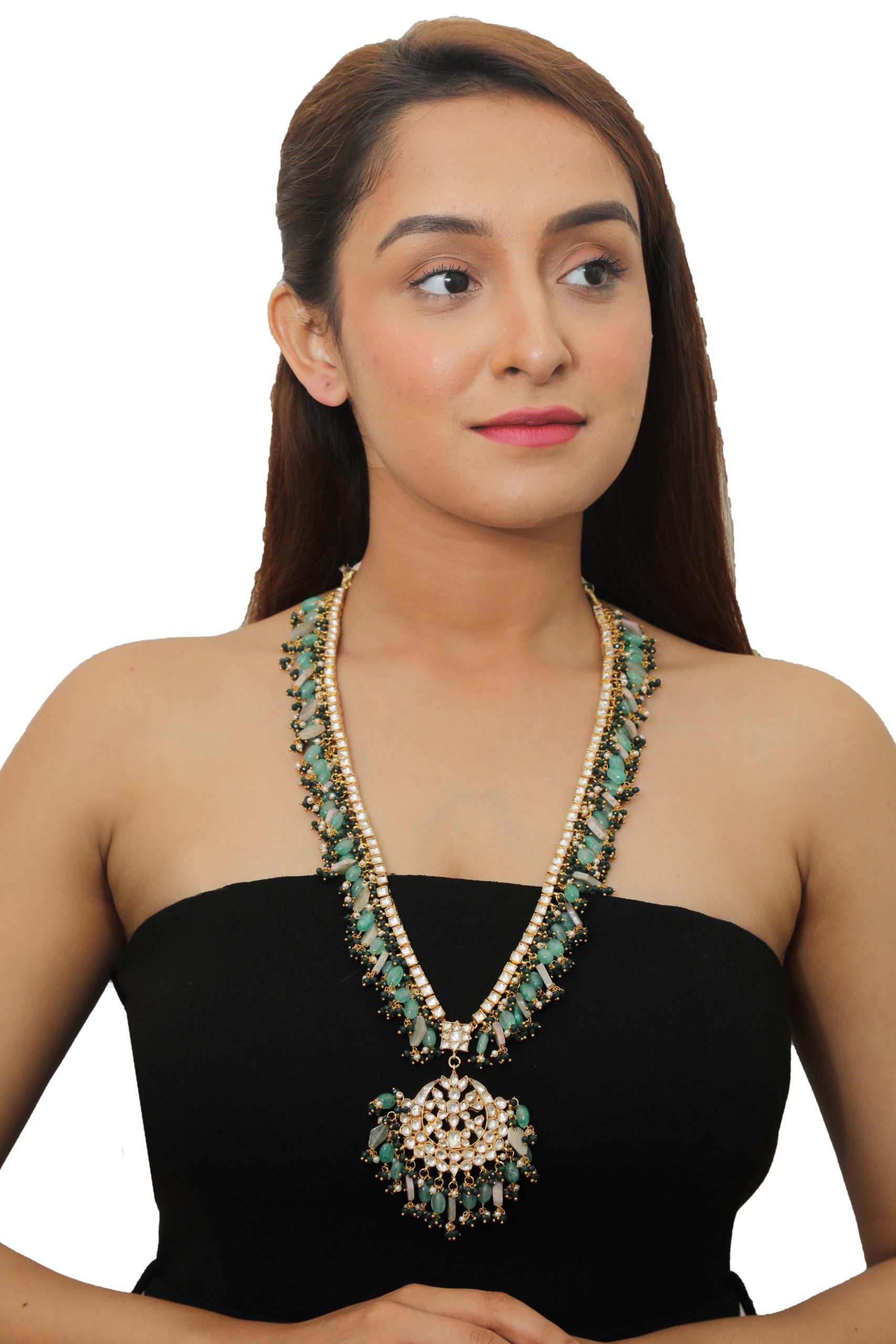 ONE LINE STONE WITH  LIGHT SEA GREEN BEADS LONG NECKLACE 
