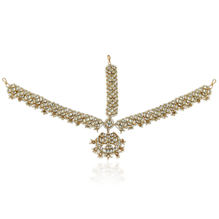 Flower Work With White Jadtar Stone Mathapatti