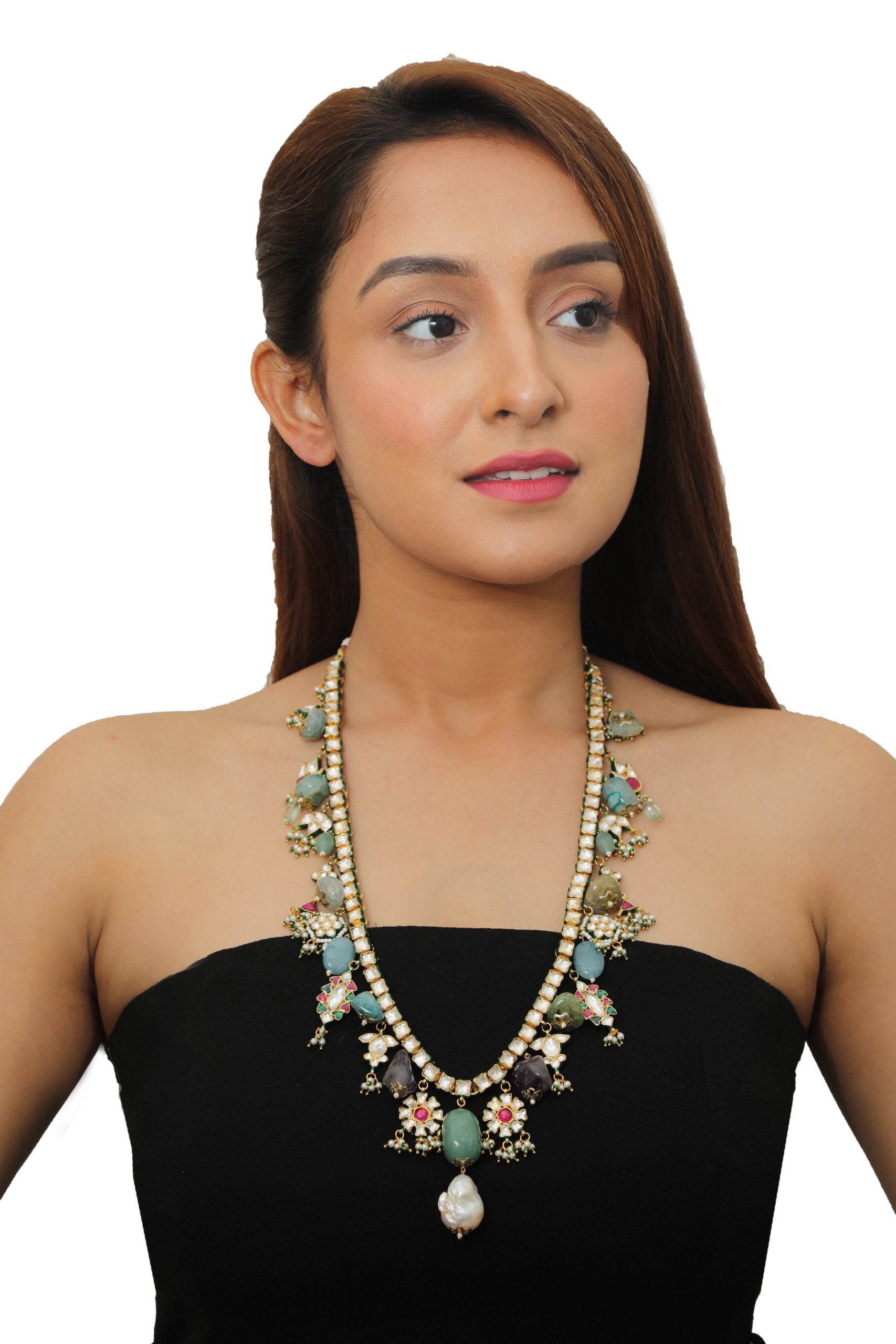 SEA GREEN BEADS WHITE PEARL AND JADTAR STONE NECKLACE 