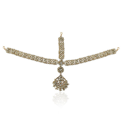 White Jadtar Stone With Small Moti Work Mathapatti