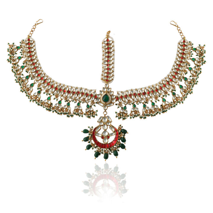 Heavy Mathapatti Studded With White ,Red & Green Jadtar Stone Beaded With Tiny Pearls And Emeralds