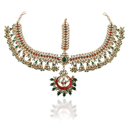 Heavy Mathapatti Studded With White ,Red & Green Jadtar Stone Beaded With Tiny Pearls And Emeralds