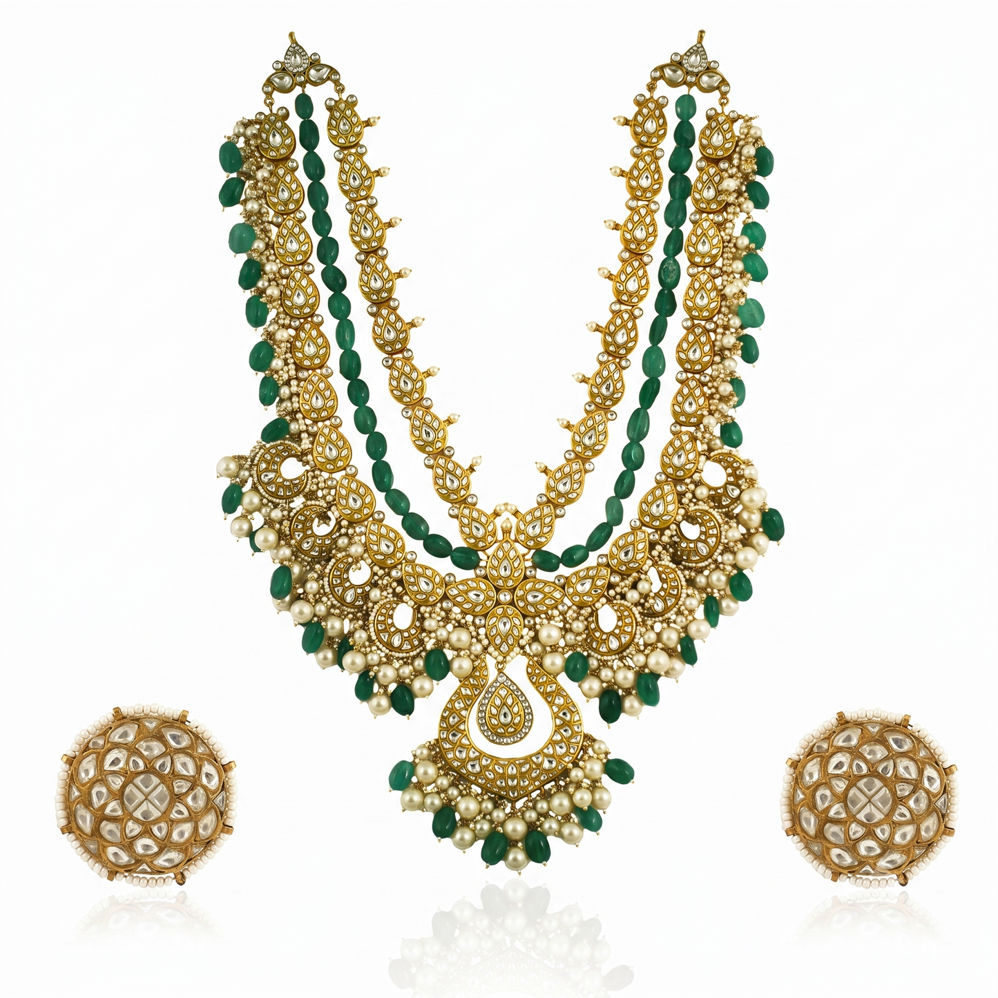 White Jadtar Stone Heavy Long Neacklace Set With Pastel  Pink Baeds And Pearl