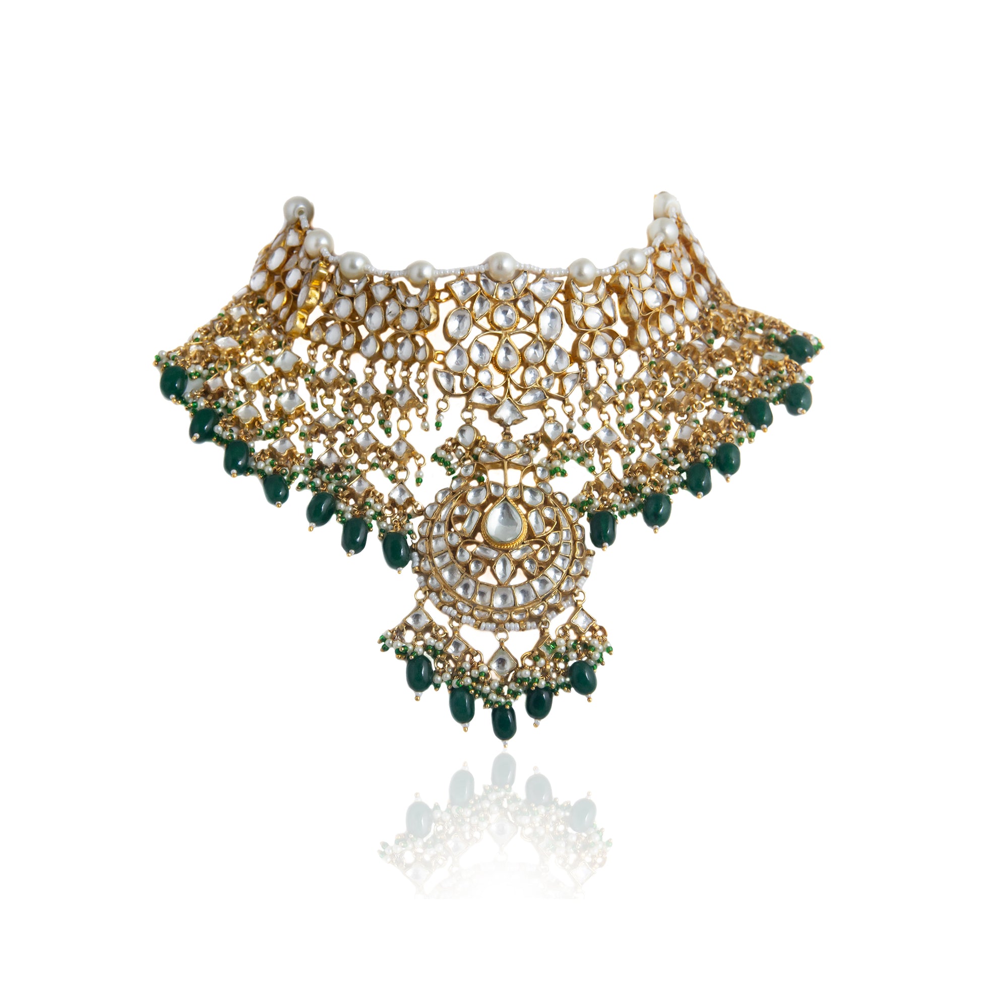 WHITE STONE HEAVY NECKLACE SET WITH GREEN BEADS