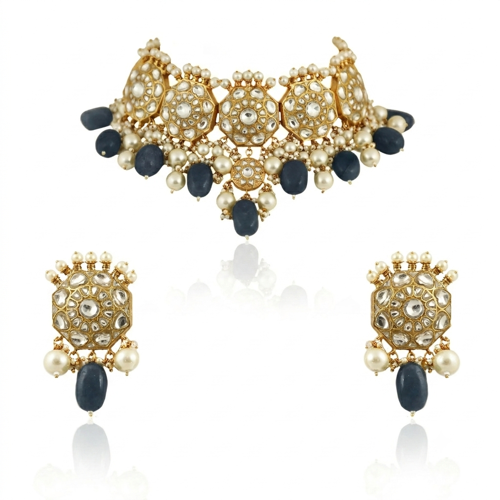Traditional 22Kt Choker Neckace Set Studded With White Jadtar Stones And Sea Green Beads With Pearls