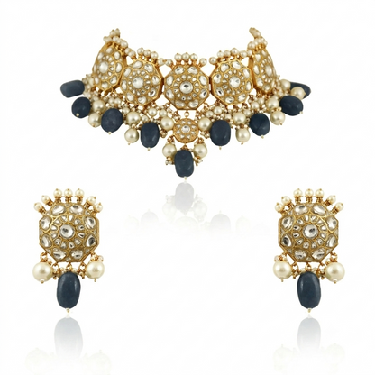 Traditional 22Kt Choker Neckace Set Studded With White Jadtar Stones And Sea Green Beads With Pearls