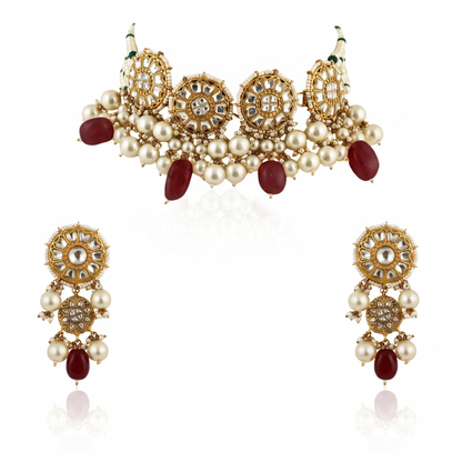 Necklace In 22Kt Gold Plating Studded With White Jadtar Stones And Beaded In Pastel Pink And White Beads
