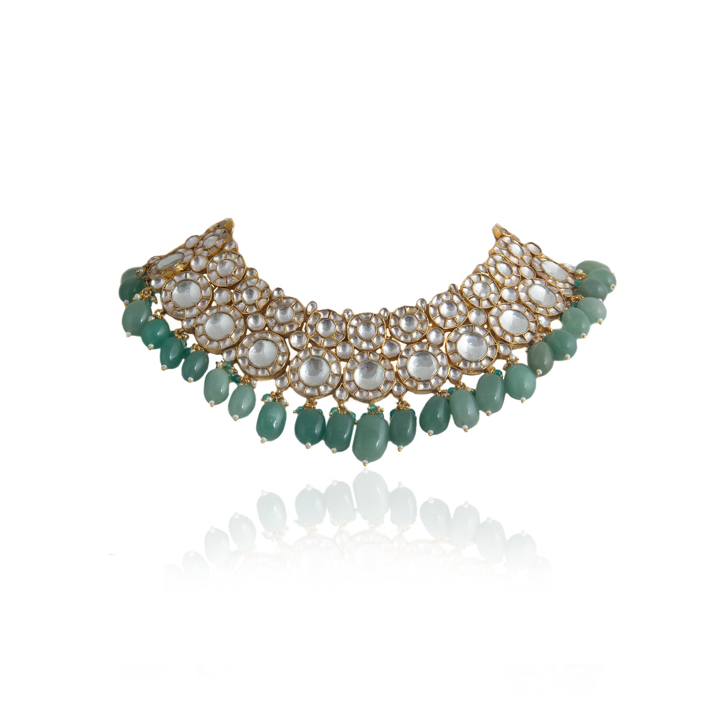 SEA GREEN BEADS AND BIG ROUND STONE  NECKLACE SET