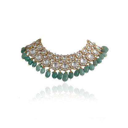 SEA GREEN BEADS AND BIG ROUND STONE  NECKLACE SET