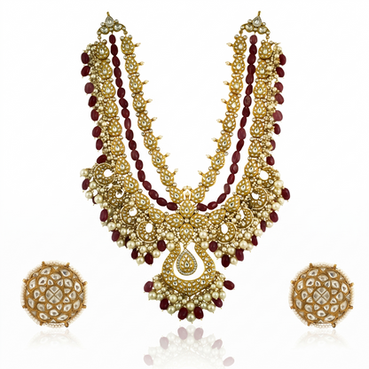 White Jadtar Stone Heavy Long Neacklace Set With Pastel  Pink Baeds And Pearl