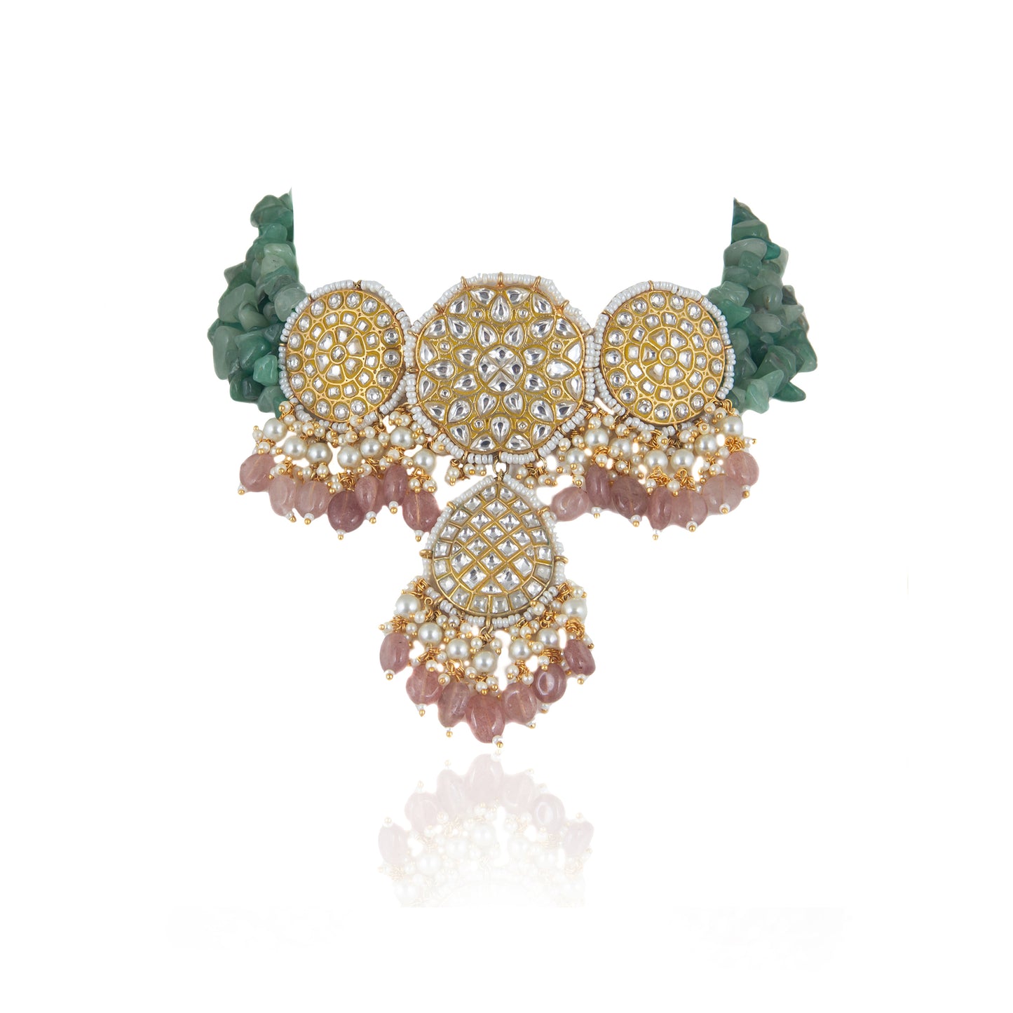 SEA GREEN AND LIGHT PINK BEADS FLOWER WORK WHITE JADTAR STONE NECKLACE SET 