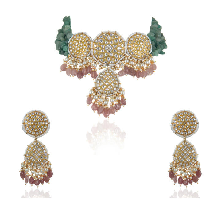 Sea Green And Light Pink Beads Flower Work White Jadtar Stone Necklace Set