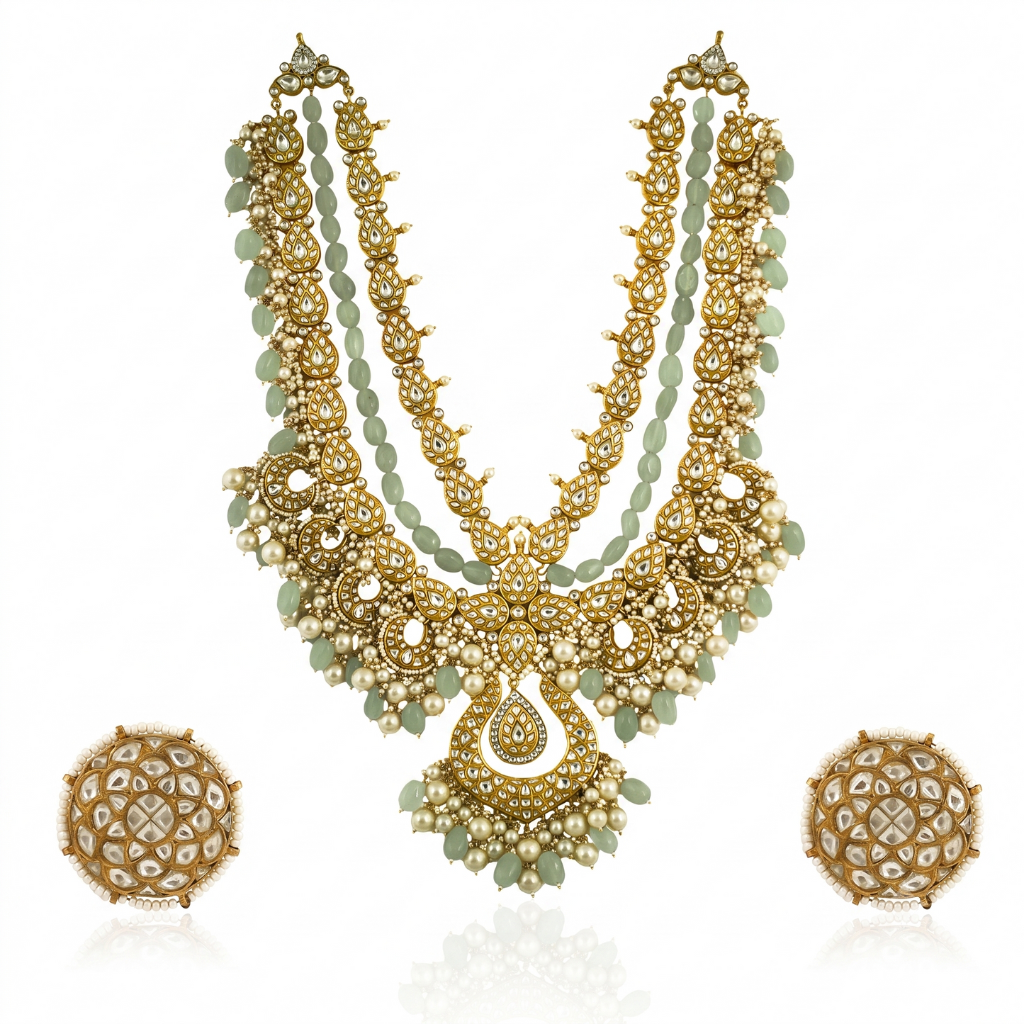 White Jadtar Stone Heavy Long Neacklace Set With Pastel  Pink Baeds And Pearl