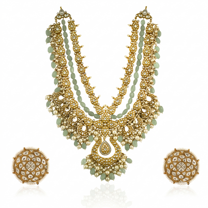 White Jadtar Stone Heavy Long Neacklace Set With Pastel  Pink Baeds And Pearl