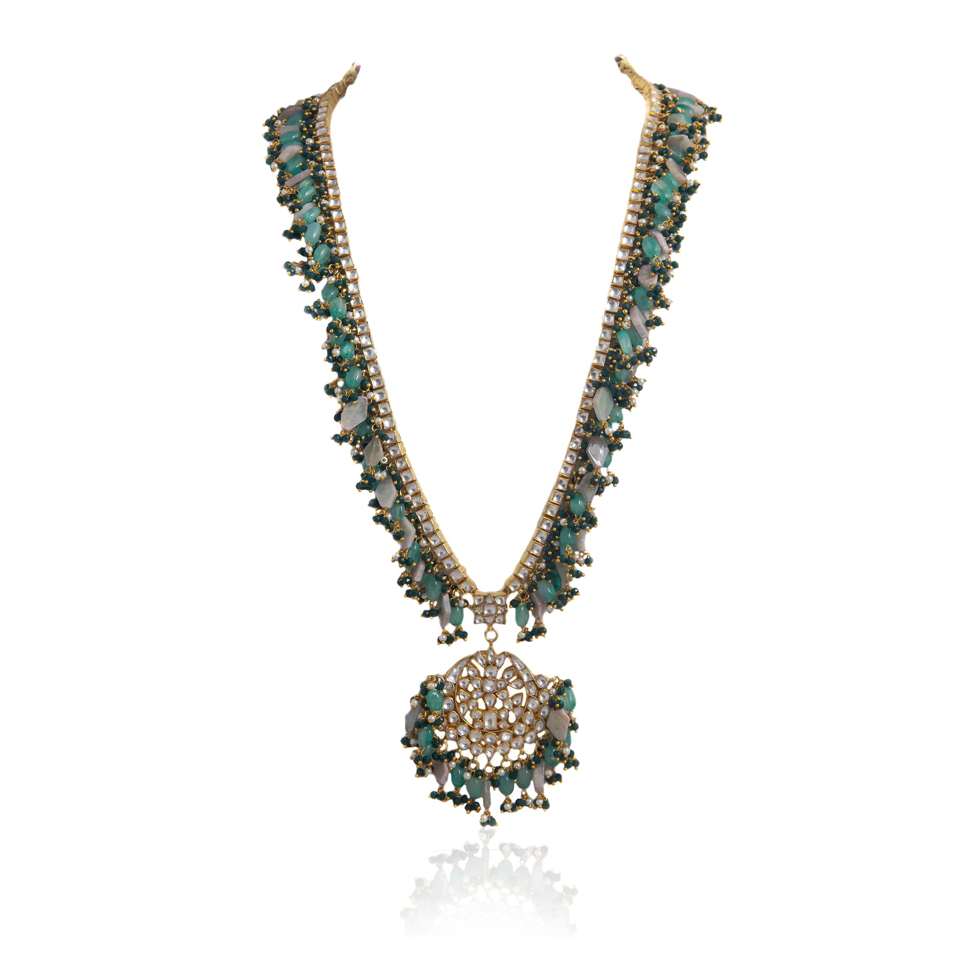 ONE LINE STONE WITH  LIGHT SEA GREEN BEADS LONG NECKLACE 