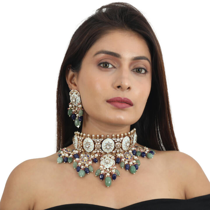 Firozi Meenawork Necklace Set With Blue And Sea Green Beads