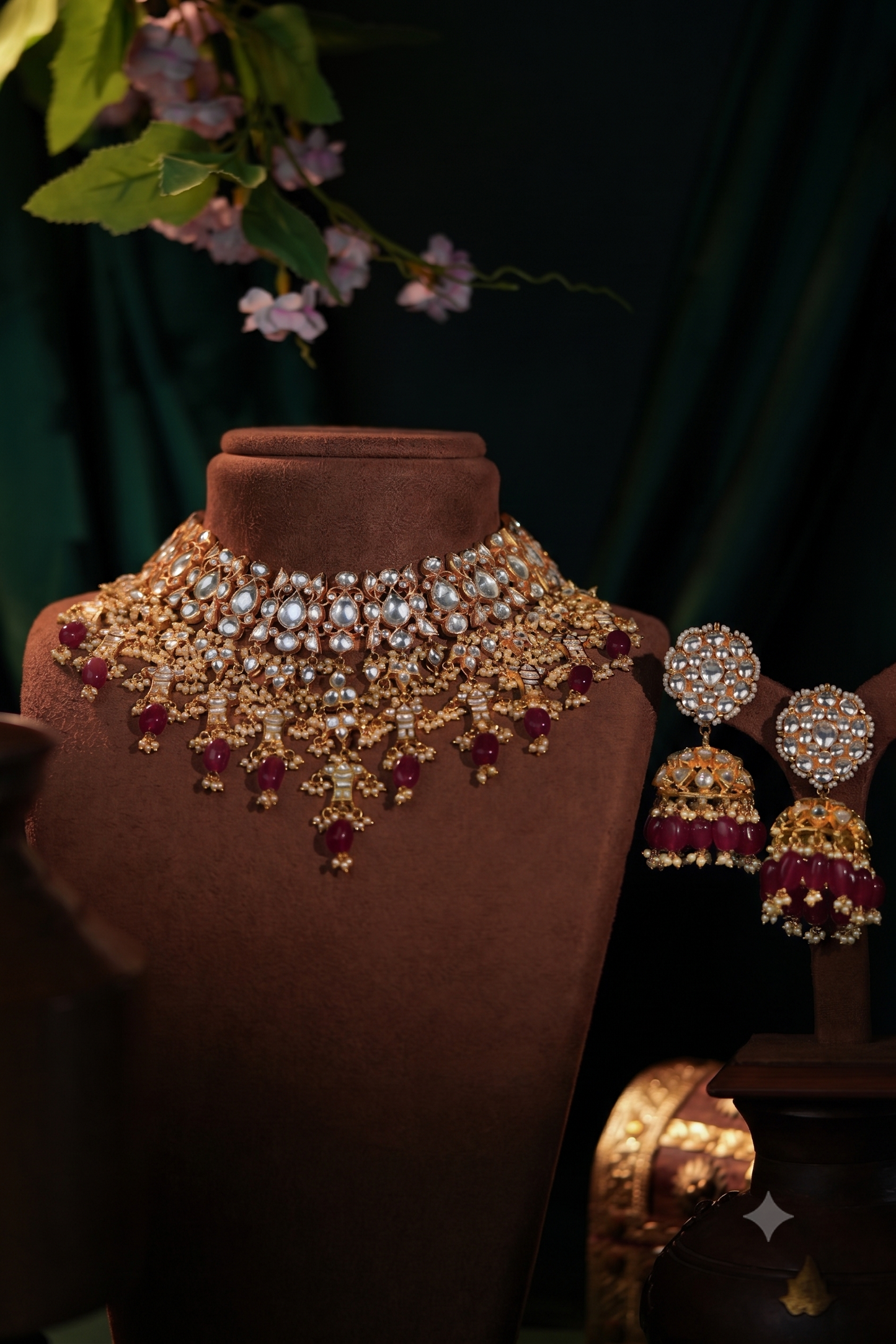 Jade stone Bridal necklace with jhumki earrings