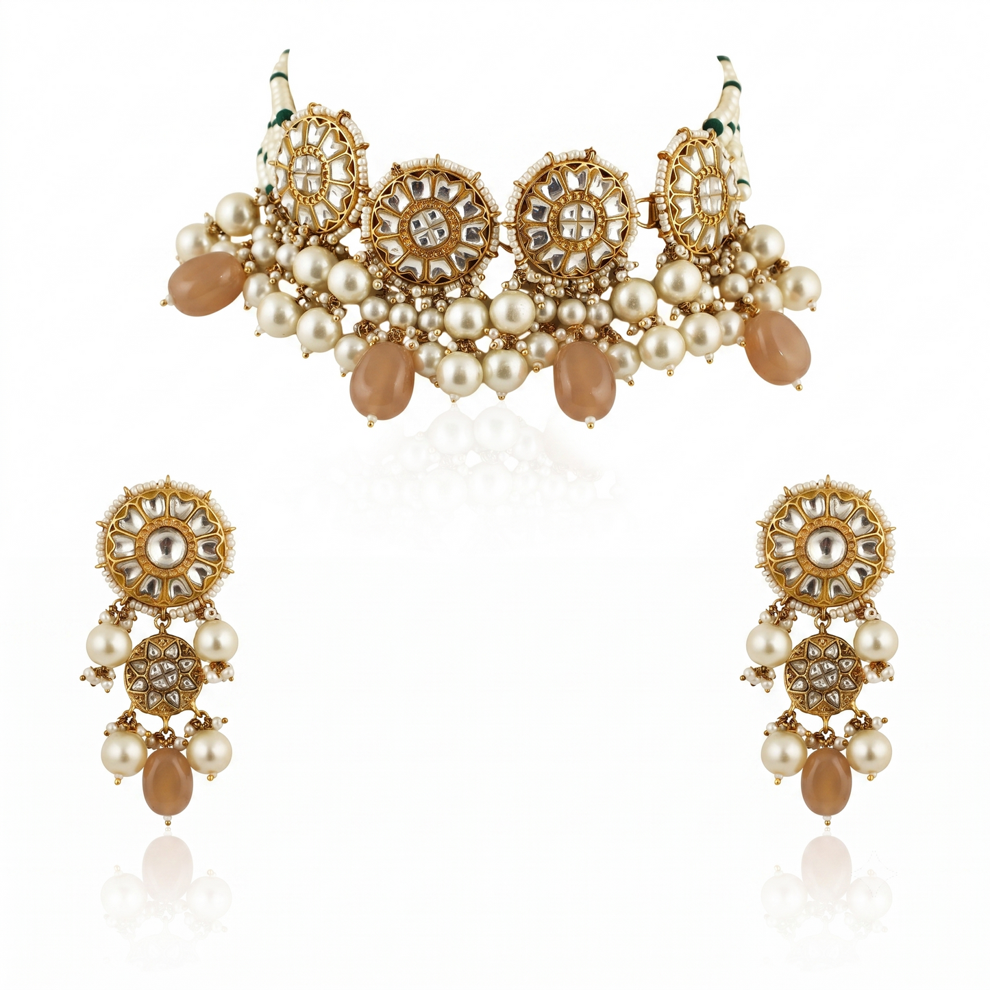 Necklace In 22Kt Gold Plating Studded With White Jadtar Stones And Beaded In Pastel Pink And White Beads