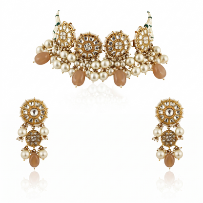 Necklace In 22Kt Gold Plating Studded With White Jadtar Stones And Beaded In Pastel Pink And White Beads