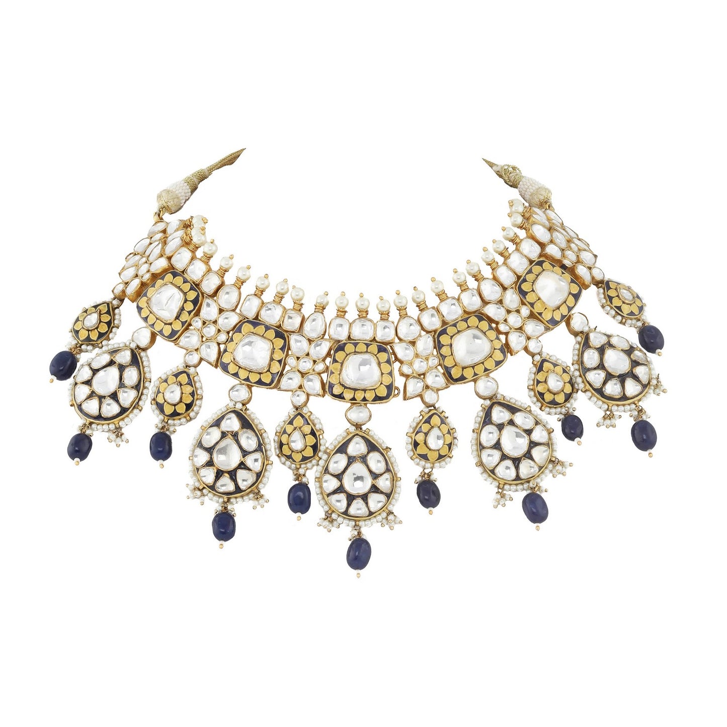Blue and White Jadtar and Meena worked Necklace
