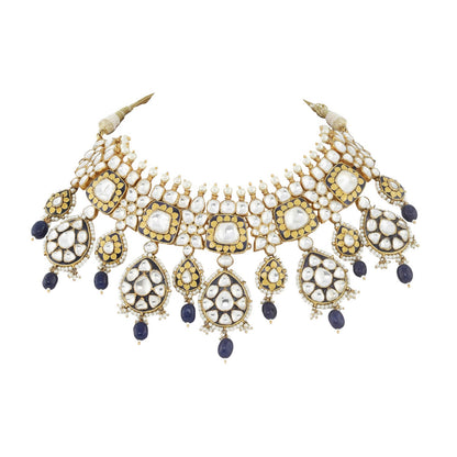 Blue and White Jadtar and Meena worked Necklace
