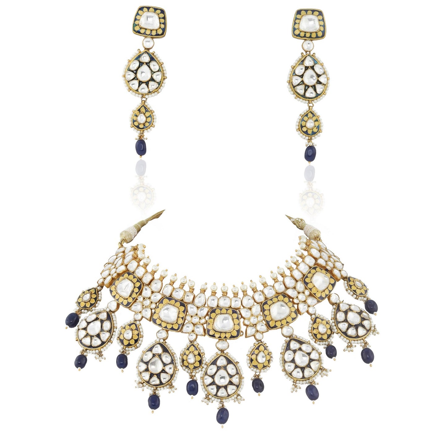 Blue and White Jadtar and Meena worked Necklace