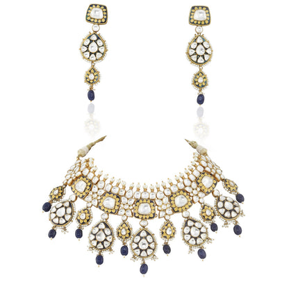 Blue and White Jadtar and Meena worked Necklace