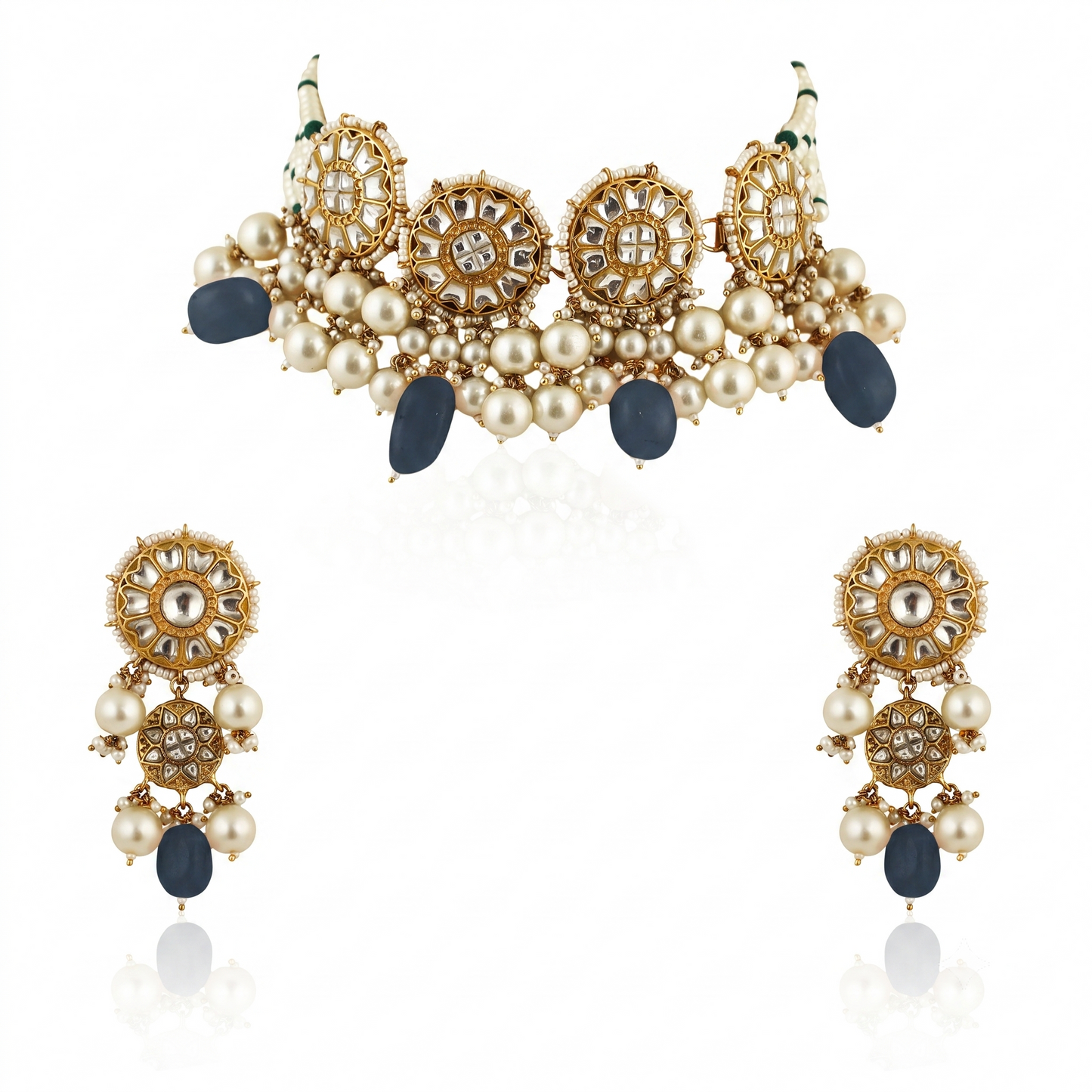 Necklace In 22Kt Gold Plating Studded With White Jadtar Stones And Beaded In Pastel Pink And White Beads